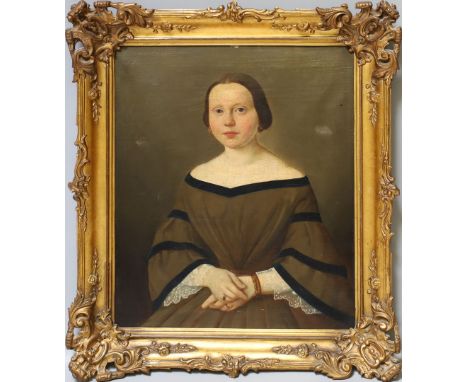 Spätbiedermeier-Portraitist (um 1860) Portrait einer jungen Dame in olivgrünem Kleid. Öl/Lwd. (Altersspuren, Craquelé). 63x 5