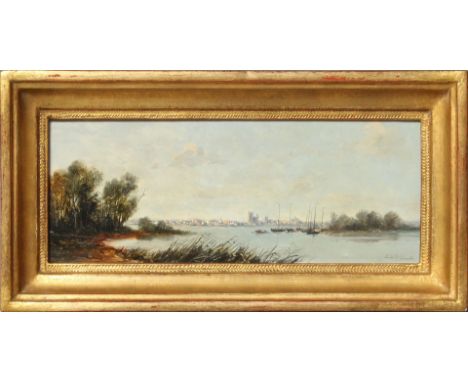 Demmin, Erich (1911 Mecklenburg-Berlin 1997) Blick auf Stralsund (?). Öl/Holztafel, re. u. sign. 7,5x 20 cm. R. 