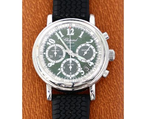 Herren-Armbandchronograph "1000 Miglia", Chopard. Beidseitig verglastes, rundes Edelstahlgehäuse, Boden achtfach verschraubt.