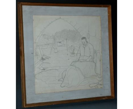 R GrimbleThe Sailmakersigned, inscribed Cyprus and dated 1953, pen and ink, 38cm x 36cm