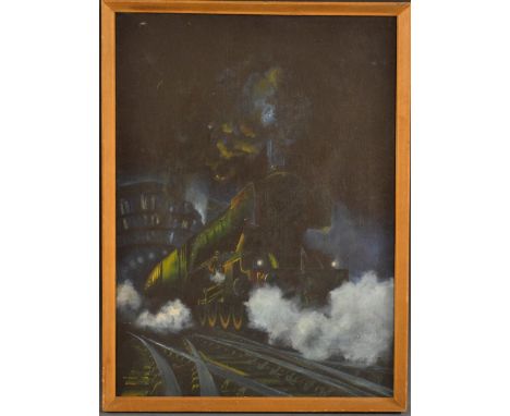 J E WigstonSteam Engine at Nightsigned, oil on canvas, 54cm x 39.5cm