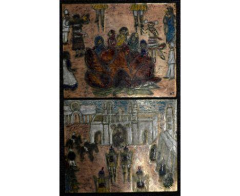 A pair of enamel on copper plaques, decorated on copper with stylised Impressionist figures, buildings and ceremonial practic