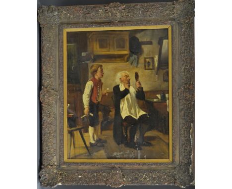 R Miller (19th century)A Close Shavesigned , oil on canvas, 59cm x 46cm