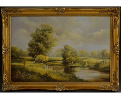 Ted Dyer (Bn.1940)A Sunny Meadow, Children Playing by the Riversigned, oil on canvas, 49.5cm x 75cm 