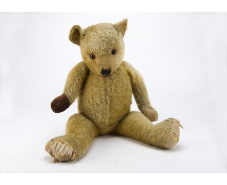 A 1930s Chiltern-type teddy bear, with golden mohair, orange and black glass eyes, pronounced clipped muzzle, black stitched 