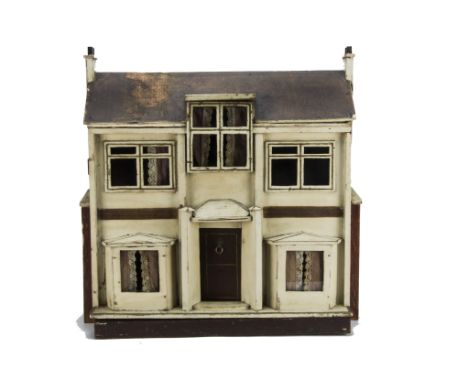 A G & J Lines Dolls’ House, cream painted with gold lining, central front door with lion head knocker, bay window either side