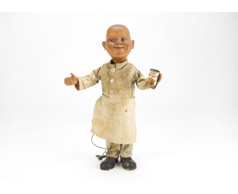 A German advertising automaton of a chef, with composition head and hands, carton body, white linen chef whites embroidered J