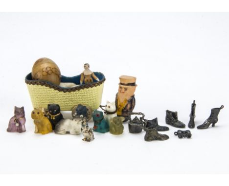 Dolls’ house and cracker charms: including an unusual Dresden paper perambulator painted yellow wicker with gold trim and pap