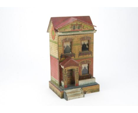 A German red roofed dolls’ house, wood covered with printed paper featuring brick and stone, ornate front door with lion head