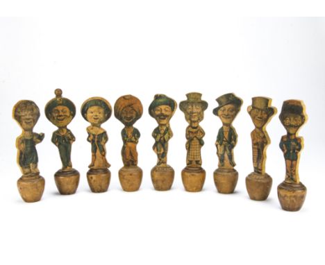 A set of German chromolithographic caricatures skittles, late 19th century, featuring a sailor kingpin, a boy with hoop, an A