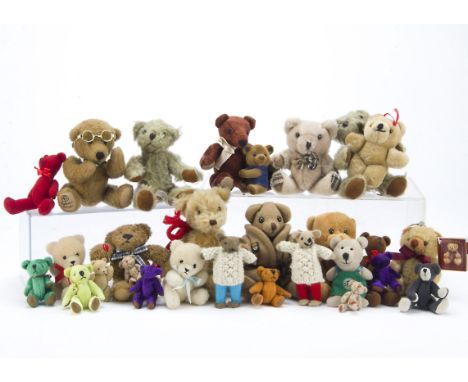 Twenty-seven small and miniature teddy bears: a Canterbury Bear in dressing gown, some homemade and some mass produced