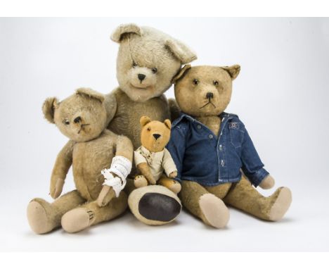 Four Continental teddy bears: three fully jointed, two probably French, one of which has artificial silk plush, a larger bear