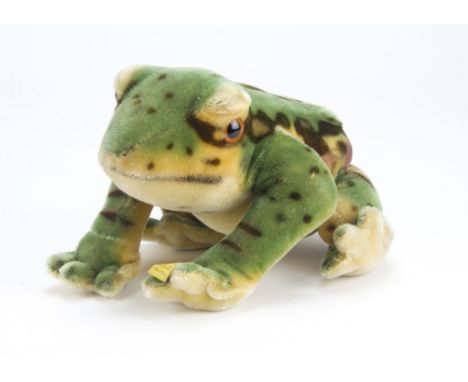 A large Steiff Froggy Frog 1960s, with green and beige airbrushed mohair, brown and black glass eyes and script button with y