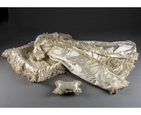 Isabella Byne’s christening layette, 1745, a fine and rare quality cream silk satin open christening robe with pleated front 