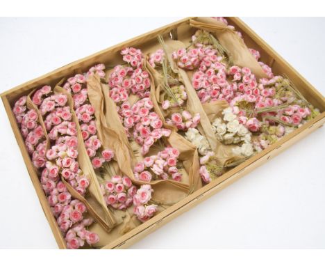 A box of German vintage artificial cloth cherry blossom, approximately fifty-nine sprigs in pink and few white, in original b