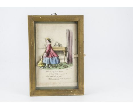 A Dean & Son moving picture circa 1850, hand coloured print of a girl walking her doll along, an interior scene behind and ve