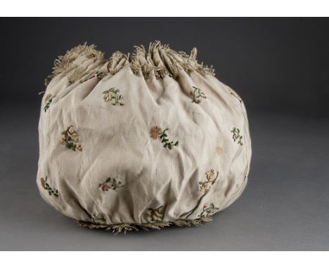 A ladies reticule or work bag, mid 18th century, of pink ribbed silk with ribbon work and chenille flowers, silk fringing, ri