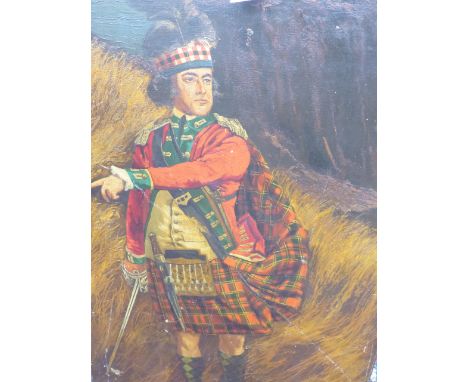 NAIVE ENGLISH SCHOOL. PORTRAIT OF A SCOTTISH HIGHLANDER OFFICER WITH HIS SWORD DRAWN, OIL ON CANVAS LAID DOWN. 92 x 61cms.