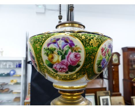 A VICTORIAN BOHEMIAN GREEN CUT TO WHITE OVERLAY GLASS LAMP BASE FINELY DECORATED WITH AN OVAL PANEL OF A GIRL FEEDING A GOAT,