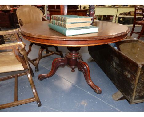 A VICTORIAN MAHOGANY TILT TOP BREAKFAST TABLE ON CARVED TRIPOD LEGS.   D.112cms.