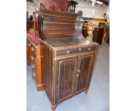 A REGENCY PAINTED PINE SMALL CHIFFONIER WITH RAISED SHELF GALLERY.   W.64 x H.127cms.