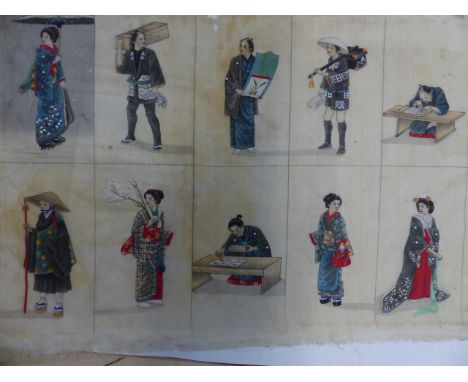 FOUR ORIENTAL WORKS, A JAPANESE WOODBLOCK PRINT OF AN INSECT, TWO FIGURAL WATERCOLOURS, UNFRAMED AND A FLORAL WATERCOLOUR MOU