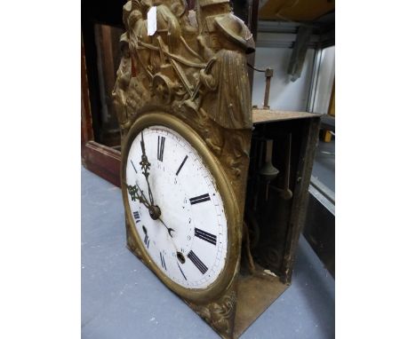 A FRENCH COMTOISE CLOCK MOVEMENT WITH ENAMEL DIAL HOUSED IN AN OVERSIZED WALNUT LONGCASE WITH A THREE DOOR HOOD.