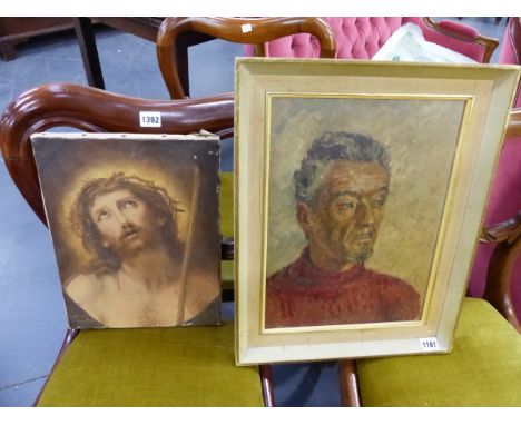 20th.C.SCHOOL. A PORTRAIT OF A GENTLEMAN OIL ON BOARD.   41 x 31cms AND AN UNFRAMED PORTRAIT OF CHRIST BY ANOTHER HAND.  (2)