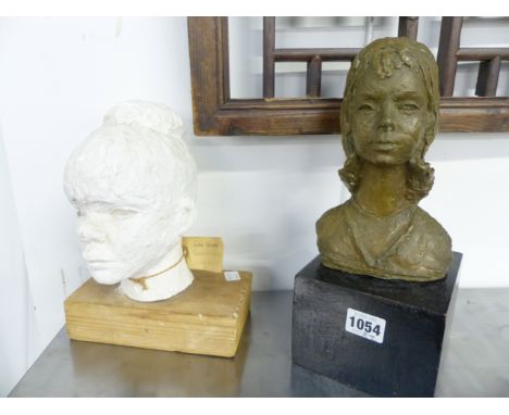 SYLVIA WARMAN  (1922-2016)  TWO PORTRAIT BUSTS OF GIRLS, A PLASTER EXAMPLE AND THE OTHER WITH BRONZED PATINATION, ON WOODEN P