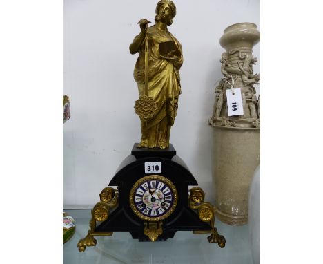 A FINE 19th.C.MYSTERY CLOCK WITH ORMOLU MOUNTS AND FIGURE SUSPENDING PENDULUM, ENAMEL DECORATED DIAL WITH BELL STRIKE MOVEMEN