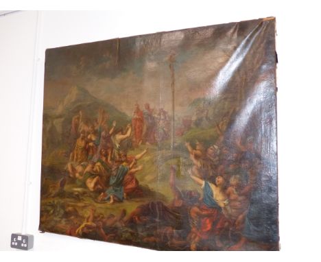 OLD MASTER SCHOOL.  A RELIGIOUS SCENE OF NUMEROUS FIGURES ENCIRCLING A CROSS SURMOUNTED BY A SERPENT, OIL ON CANVAS UNFRAMED.