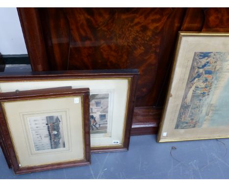 AN ANTIQUE HAND COLOURED PRINT OF SCOTS FUSILLIER GUARDS, ANOTHER OF A BRITISH NAVAL SUBJECT TOGETHER WITH TWO OF TROOPS ON P