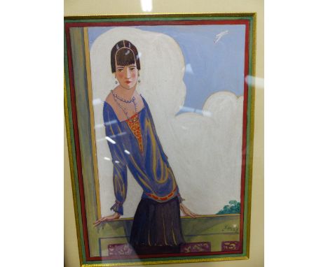 EARLY 20th.C. ENGLISH SCHOOL, PORTRAIT OF A 1920'S SOCIETY LADY ON A BALCONY INITIALLED EB AND DATED 1927. WATERCOLOUR.    21