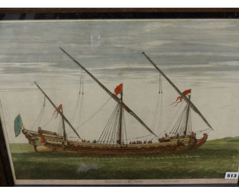 AN ANTIQUE HAND COLOURED DUTCH PRINT OF A NAVAL WARSHIP GALEASSE A LA RAME.   44 x 55cms.