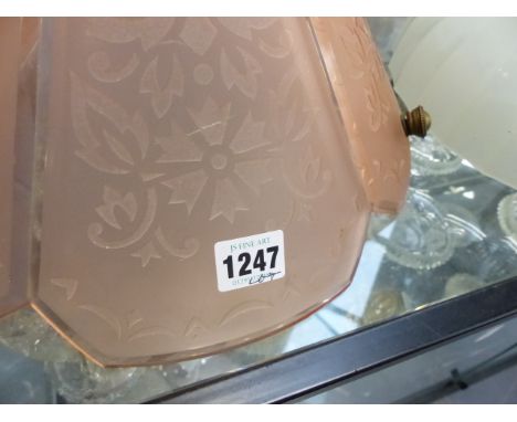 TWO VINTAGE MOULDED GLASS HANGING LAMP SHADES TOGETHER WITH VARIOUS COVERED DRESSER BOXES, CANDLESTICKS,ETC.