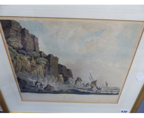 AN ANTIQUE AQUATINT PRINT OF THEE NEEDLES, ISLE OF WIGHT AND THREE OTHER LATER PRINTS.