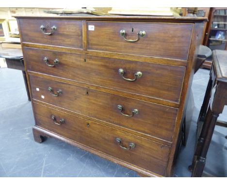 A LATE GEORGIAN MAHOGANY CHEST OF TWO SHORT AND THREE LONG GRADUATED DRAWERS ON BRACKET FEET.   W.111 x H.97cms.