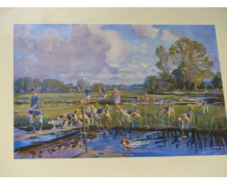 AFTER LIONEL EDWARDS.( ARR  )   CROSSING THE WATERMEADOW A PENCIL SIGNED COLOUR PRINT.   IMAGE 17 x 25cms.