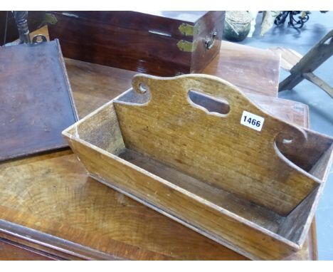 A 19th.C.OAK CUTLERY TRAY AND A MAHOGANY WALL BRACKET.