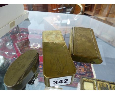 AN ANTIQUE TRIPLE COMPARTMENT TINDER/SMOKER'S BRASS BOX INSCRIBED JOHN BOOTH, NEWCASTLE, A NICKLE SNUFF BOX DATED 1796 AND A 