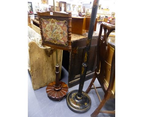 A 19th.C.ROSEWOOD POLE SCREEN TOGETHER WITH A CHINOISERIE DECORATED STANDARD LAMP.