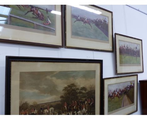 FOUR VINTAGE COLOUR STEEPLE CHASE PRINTS AFTER CECIL ALDIN, ALL PENCIL SIGNED   38 x 66cms TOGETHER WITH A HAND COLOURED LARG