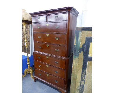 AN EARLY 19th.C.MAHOGANY CHEST ON CHEST ON SHAPED BRACKET FEET.   W.107 x H.186cms.