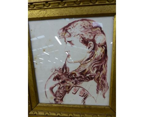 PRE-RAPHAELITE ENGLISH SCHOOL. PORTRAIT OF A LADY SEPIA WASH DRAWING.    20 x 17cms.