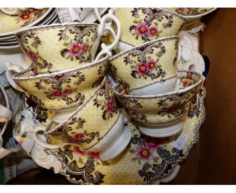A VICTORIAN POTTERY PART TEA SET WITH FLORAL DECORATION TO INCLUDE CUPS AND SAUCERS, SIDE PLATES, ETC.