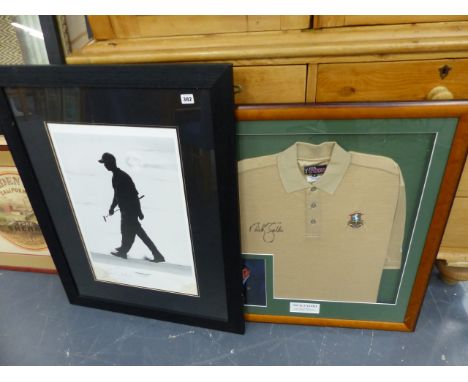 ASIGNED LIMITED EDITION MILLENIUM MAN TIGER WOODS PRINT TOGETHER WITH A NICK FALDO SIGNED PGA TOUR SHIRT.