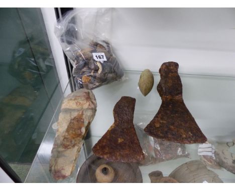A COLLECTION OF ANCIENT KNAPPED FLINT AND OTHER TOOLS AND TWO EARLY IRON AXE HEADS.