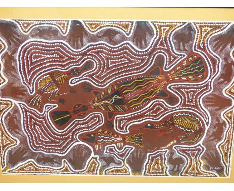 D. Fisher. (Australian? 20th century) A traditional Aboriginal journey painting featuring animals including platypus and kiwi