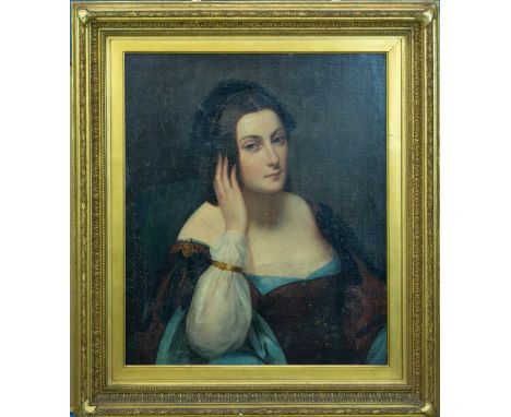 Continental School (19th Century), waist length portrait of a young woman with bejewelled headdress, oil on canvas, 54 x 64cm