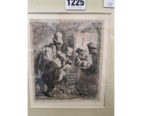 After Rembrandt, The Strolling Musicians, etching, trimmed, 12 x 14cm over all. Bartsch 119.